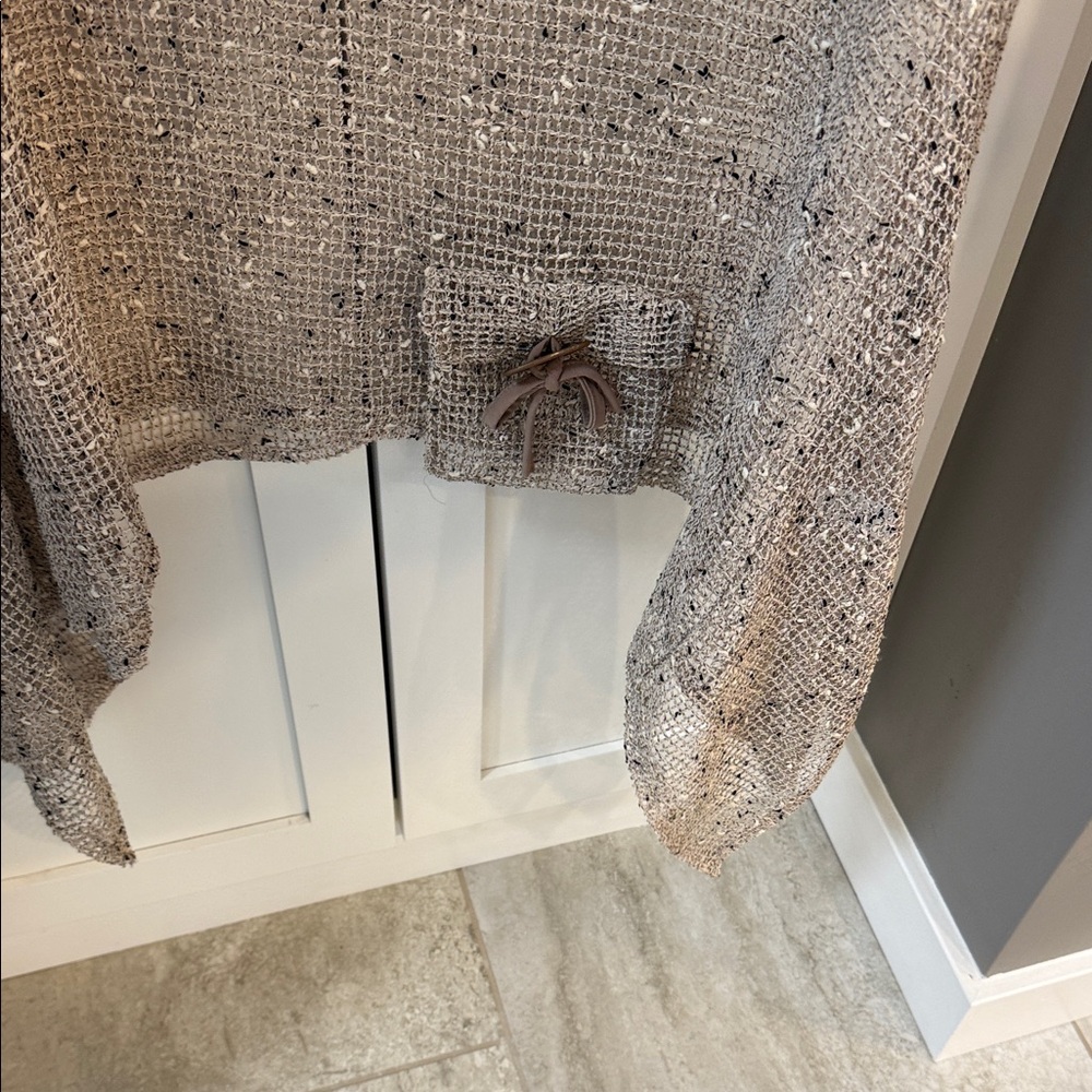 Neutral Open-Knit Fringe Sweater with Bow Accent - Picture 4 of 5